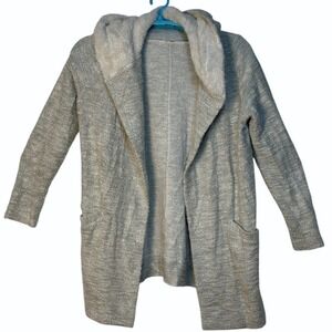 LOFT Hooded Open Front Cardigan Sweater Gray Knit Pockets Casual Loungewear M‎